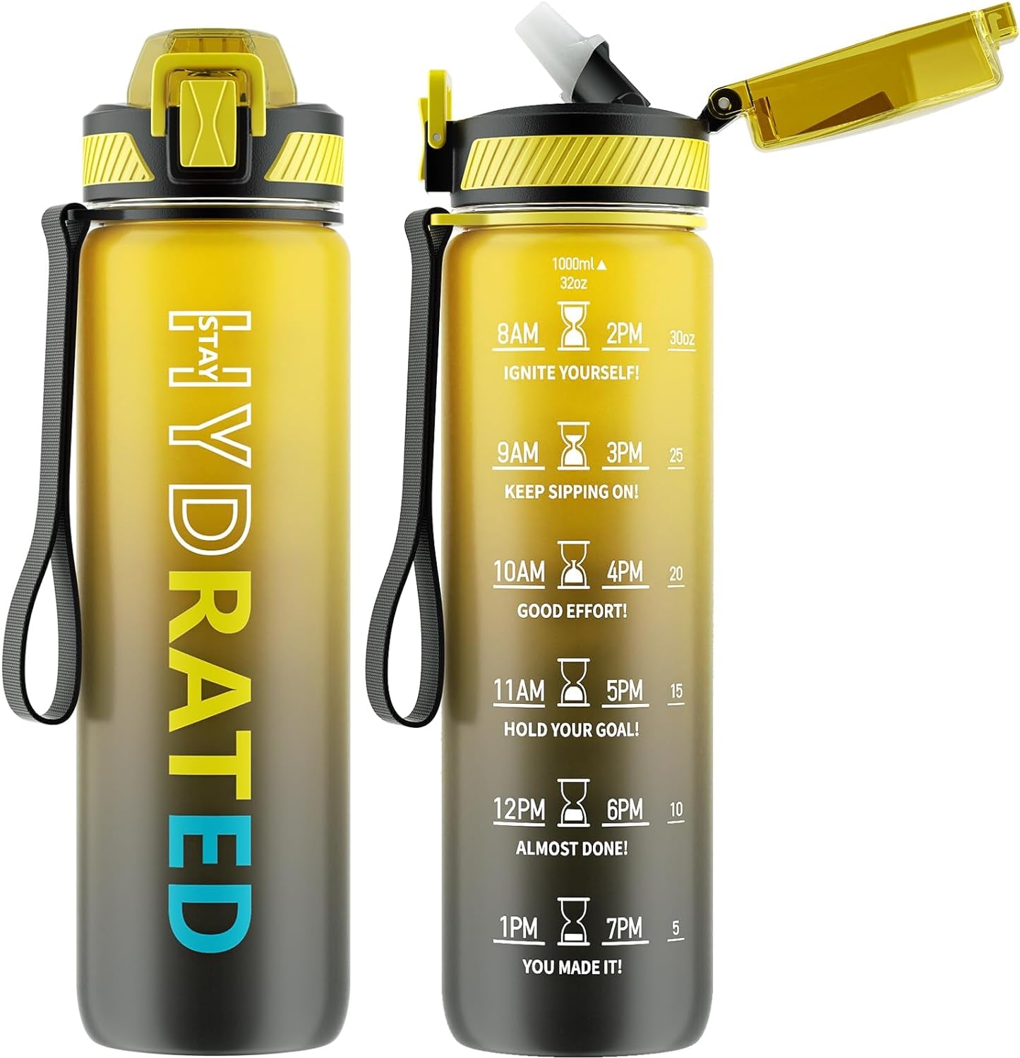 Water Bottle with Straw, 32 Oz Motivational Water Bottles with Time Marker to Drink, Tritan BPA Free, 1L Sports Water Bottle with Carry Strap Leakproof for Men Gym Fitness Outdoor (1 Pack)