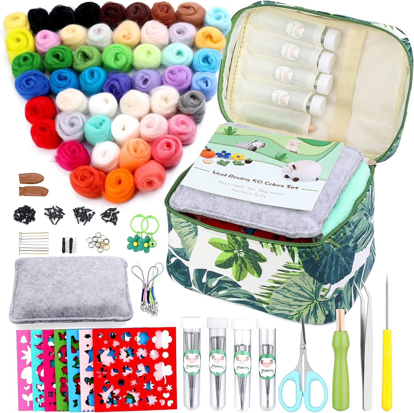 Needle Felting Kit, Needle Felting Starter Kit with Exquisite Green Storage Bag, Wool Roving 18 Colors Set, Needle Wool Felting Tools Kit, Wool Felt Tools for Felted Animal Needle Felting Supplies