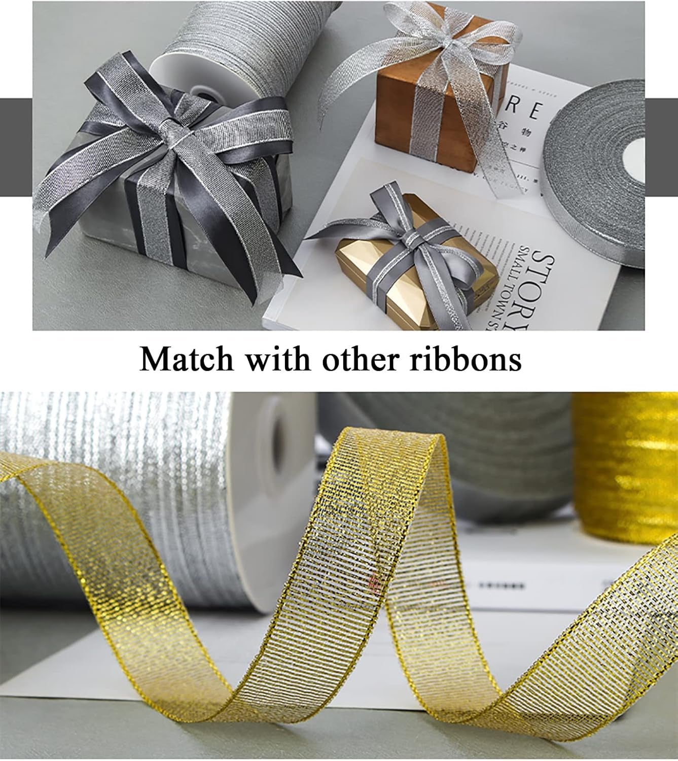 5/8 Inch Gold Glitter Ribbon, 50 Yards Sparkly Metallic Fabric Ribbons for Gifts Wrapping Wedding Party Decoration and Crafts