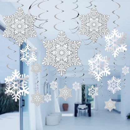 51Pc Christmas Snowflake Swirl Hanging Decorations - White Silver Ornaments for Holiday Winter Theme Parties