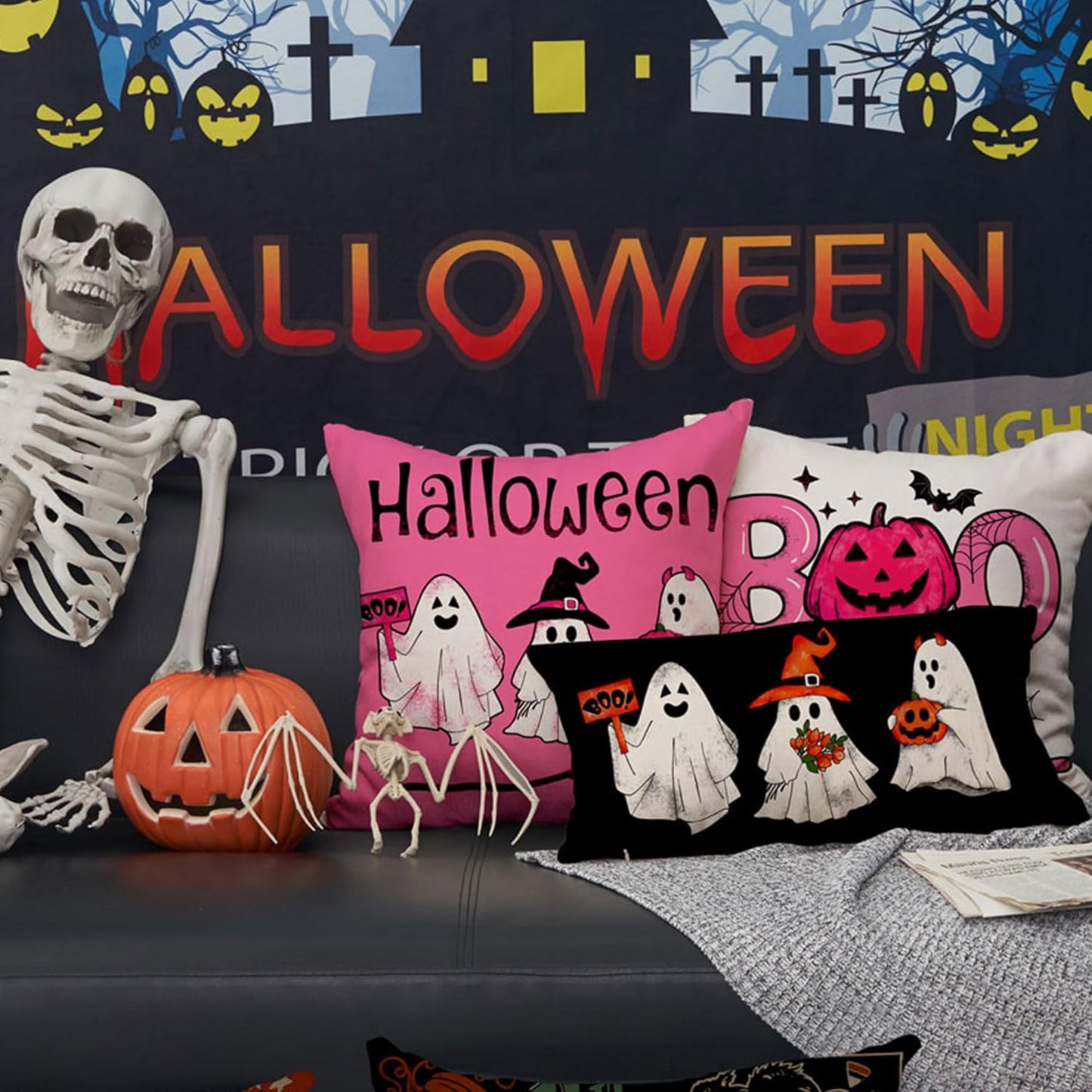 Halloween Pillow Covers 18X18 Inch Set of 4 Black and White Ghost Pumpkins Truck Decoration Pink Halloween Pillow Covers Decor for Sofa Bed Outdoor Car 094