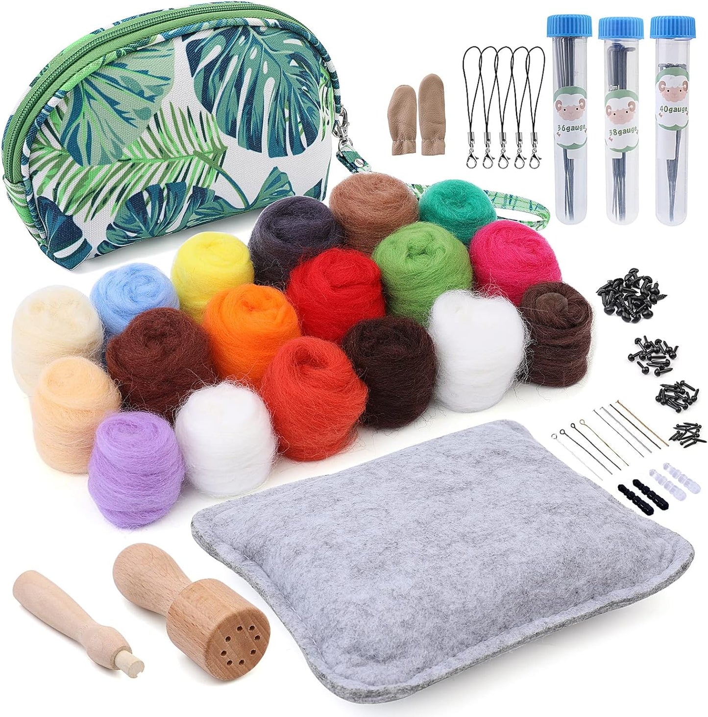 Needle Felting Kit, Needle Felting Starter Kit with Exquisite Green Storage Bag, Wool Roving 18 Colors Set, Needle Wool Felting Tools Kit, Wool Felt Tools for Felted Animal Needle Felting Supplies