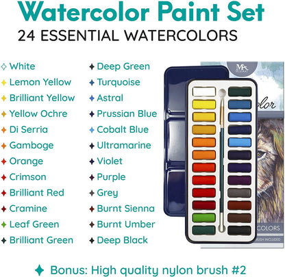 Watercolor Paint Essential Set - 24 Vibrant Colors - Lightweight and Portable - Perfect for Budding Hobbyists and Professional Artists - Water Colors Paint Adult Set with Paintbrush
