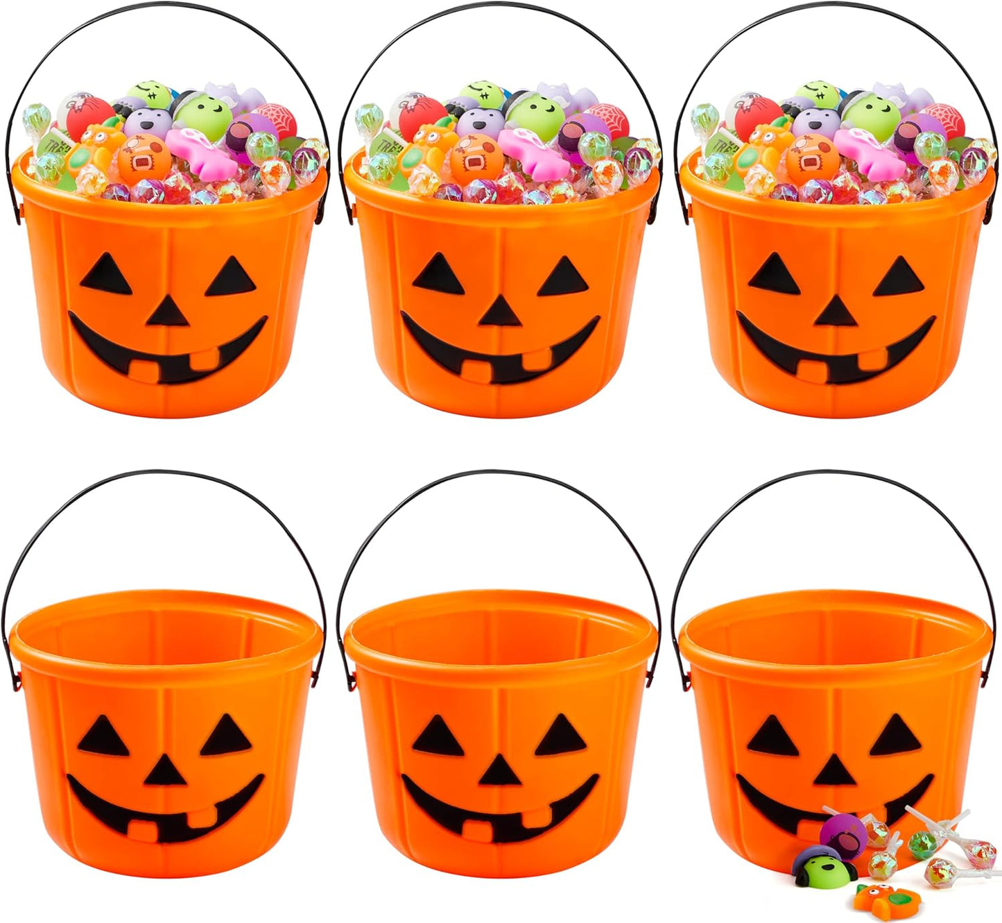 6PCS Halloween Trick or Treat Pumpkin Bucket, Jack O Lantern Candy Basket and Buckets for Trick or Treating, Orange Halloween Pails with Handle for Kids Halloween Party Favors Supplies Props