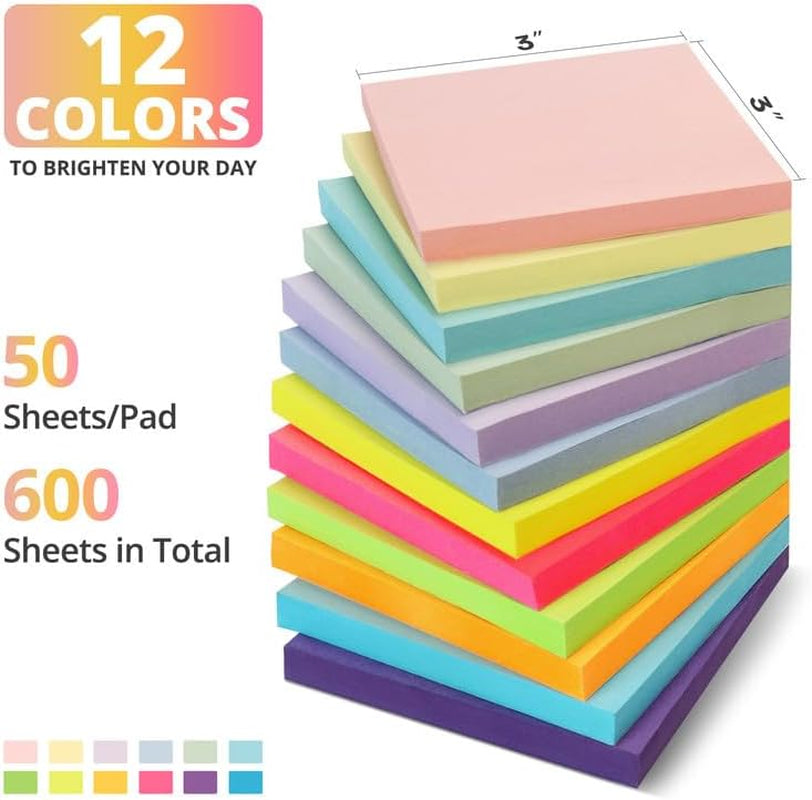 Sticky Notes, 12 Pads, 3X3 Inches, Colorful Self-Stick Note Pads, Perfect for Office, Study, and Daily Life Organization - Soft Pastel