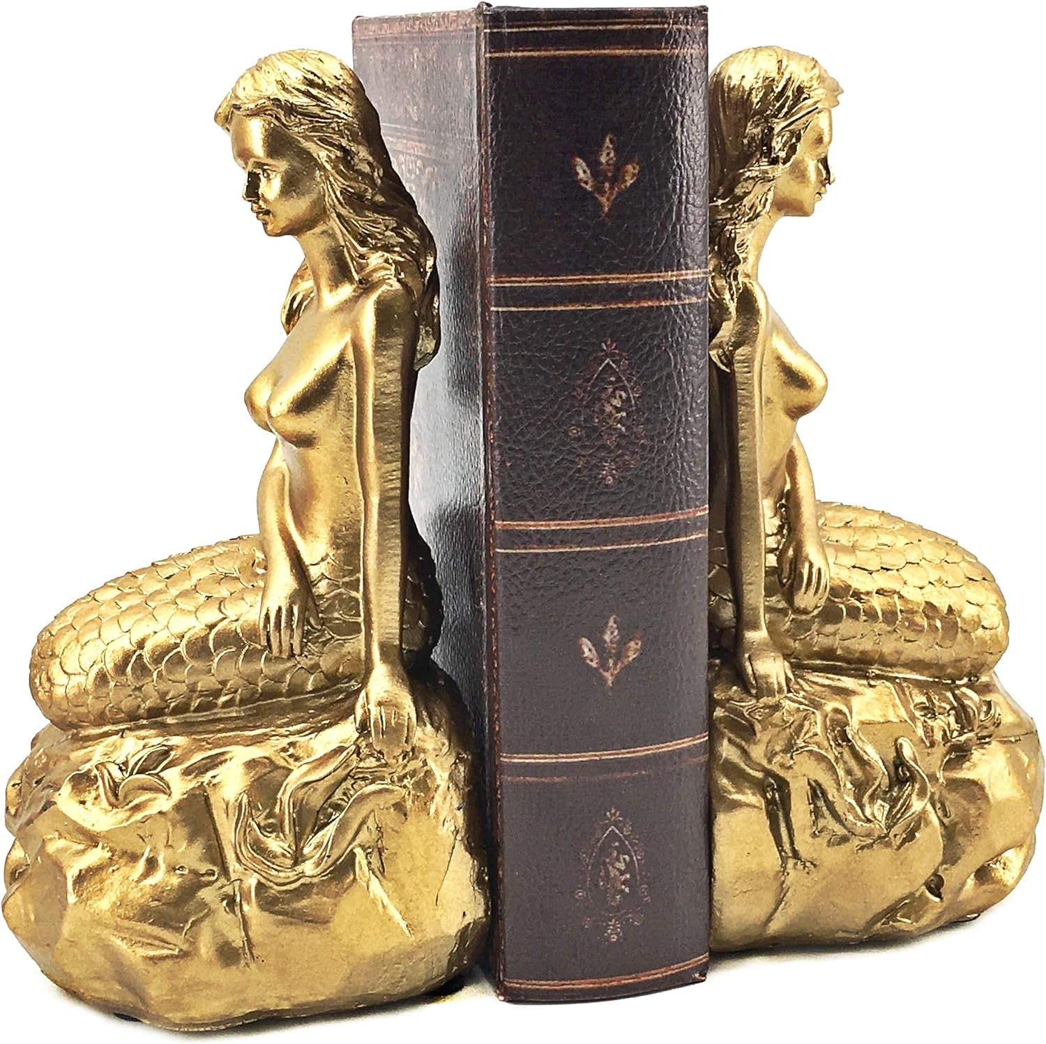 Mermaid Bookends Shelves Decorative Vintage Ariel Greek Mythology Nautical Coastal Sailor Book Ends Golden 7 Inch