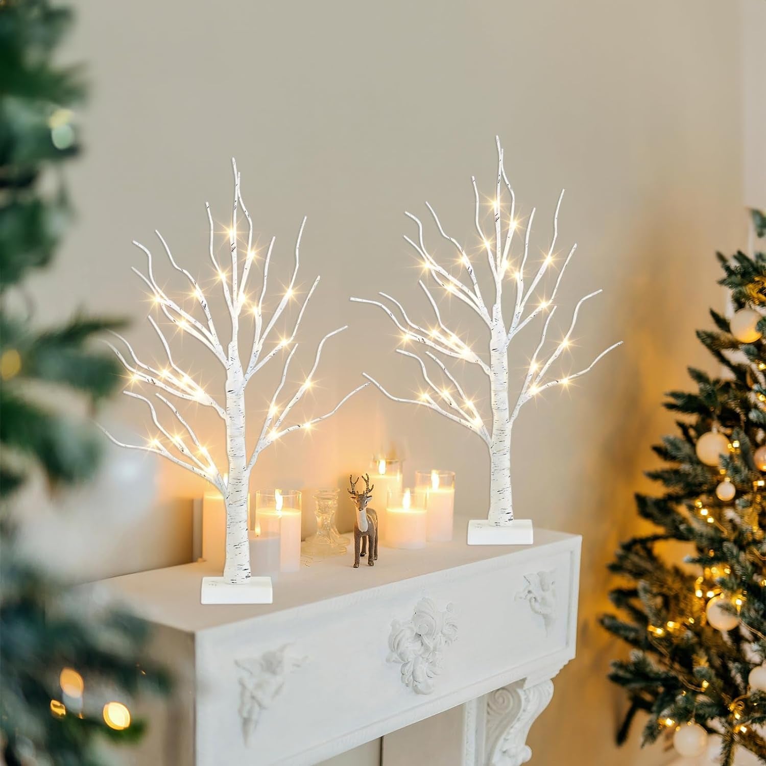 Christmas Tree for Home Decor, 2 FT Tabletop Tree with LED Lights, White Birch Tree with Lights, Fairy Light Tree for Room inside Fireplace Christmas Decorations, Battery Powered, Timer (4PK)