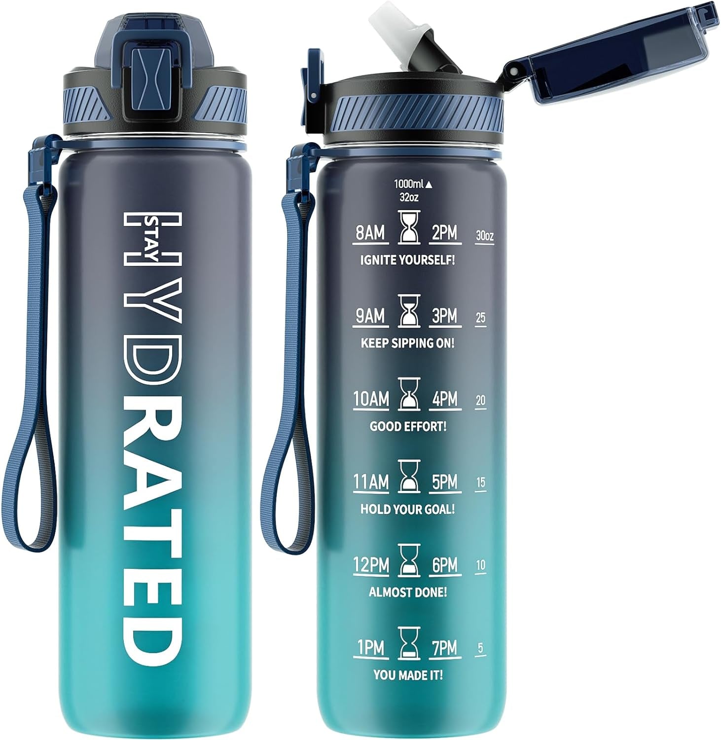 Water Bottle with Straw, 32 Oz Motivational Water Bottles with Time Marker to Drink, Tritan BPA Free, 1L Sports Water Bottle with Carry Strap Leakproof for Men Gym Fitness Outdoor (1 Pack)
