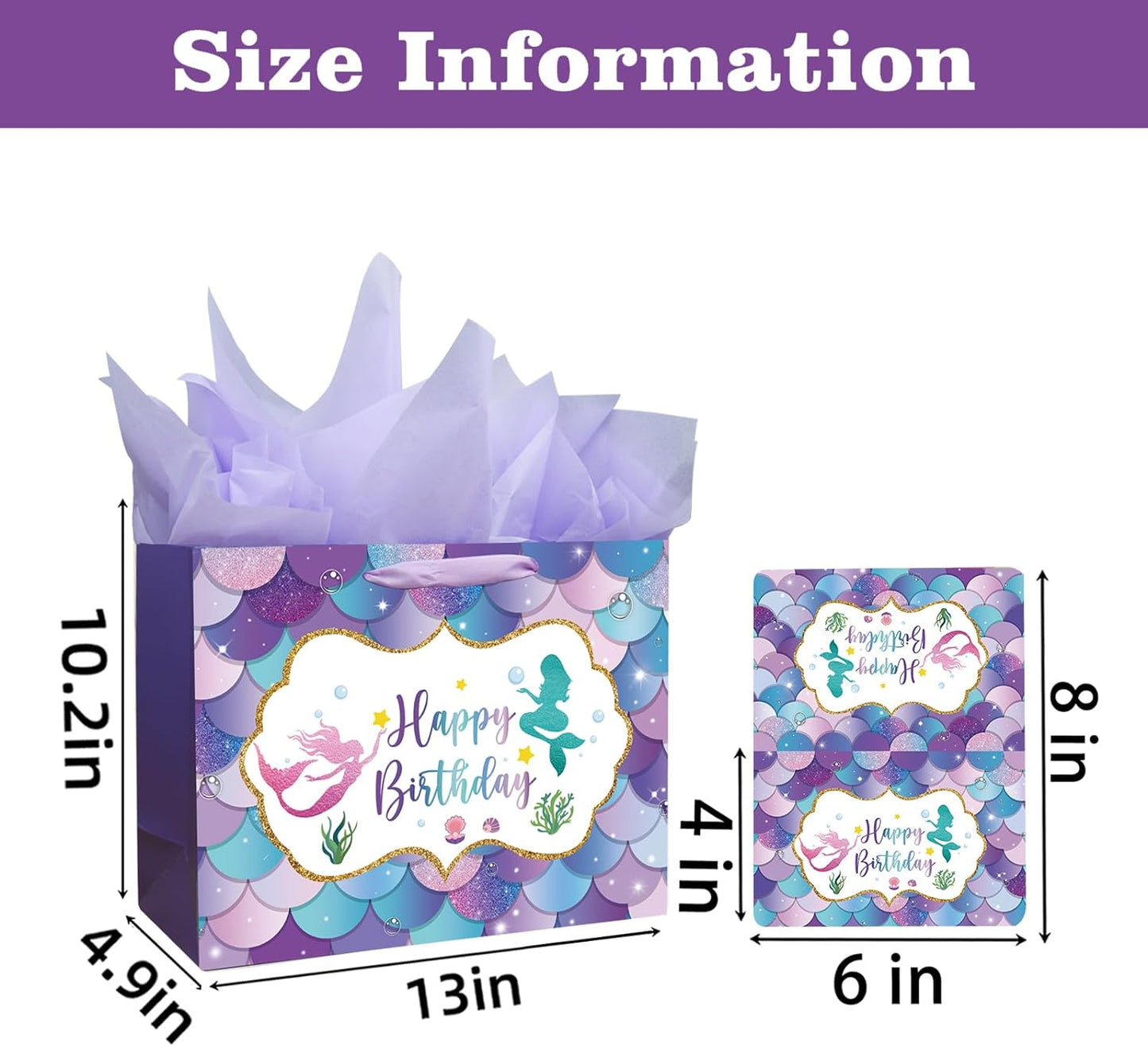 13" Large Mermaid Happy Birthday Gift Bag with Handle, Tissue Paper and Card for Kids Girls