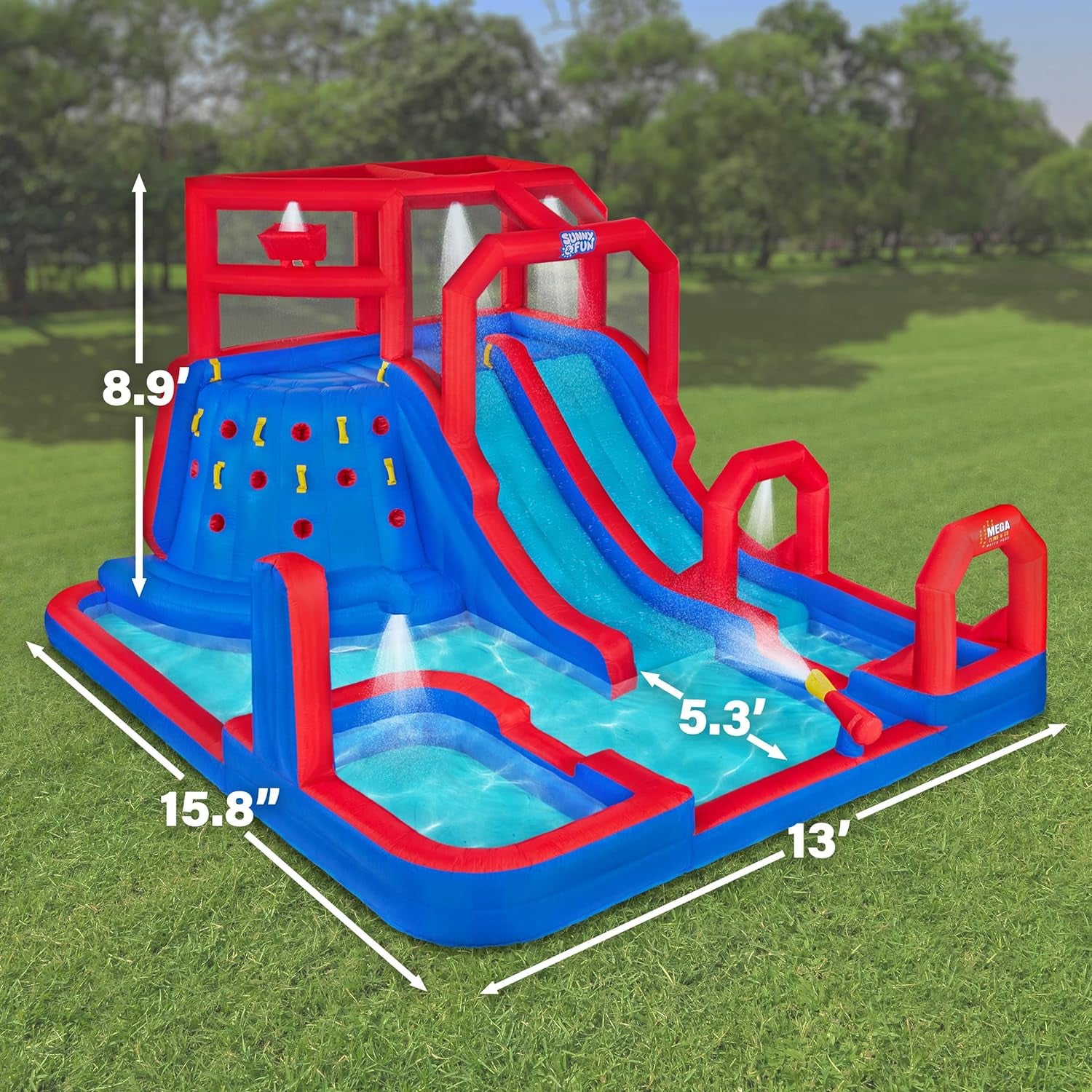 Mega Climb N’ Go Inflatable Water Slide Park – Heavy-Duty for Outdoor Fun - Climbing Wall, 2 Slides, Splash & Deep Pool – Easy to Set up & Inflate with Included Air Pump & Carrying Case