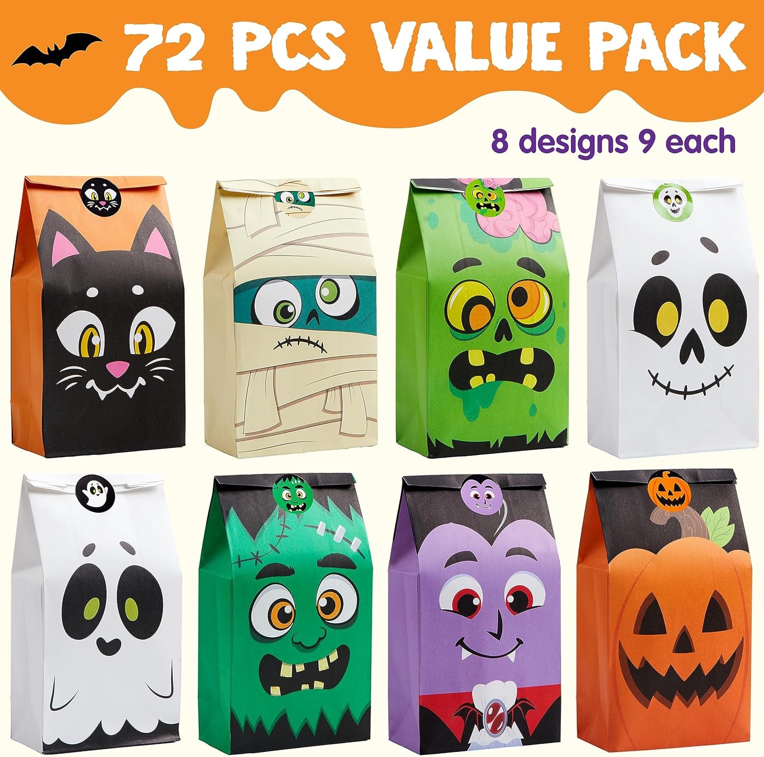 72PCS Halloween Treat Bags, 6 Styles Trick or Treat Paper Bags with Stickers, Halloween Goodie Bags for Kids, Halloween Candy Bags, Halloween Party Favors Decorations