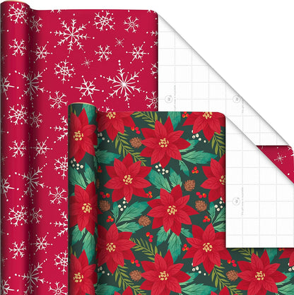 Rustic Recyclable Christmas Wrapping Paper (6 Rolls: 180 Sq. Ft. Total) Red, White and Hunter Green Plaid, Poinsettias, Snowflakes, "Merry Christmas," Snowman, Santa