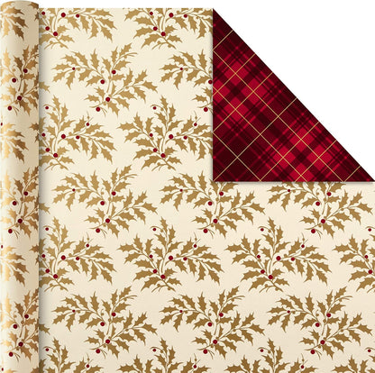 Reversible Christmas Wrapping Paper Set with Ribbon and Gift Tag Stickers (Traditional Red and Gold, 3 Rolls of Wrapping Paper and Ribbon)