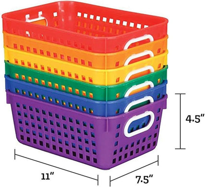 Plastic Book Storage Baskets for Classroom or Home Use - Rainbow Colors - 11" X 7.5" (Set of 6) Office Organization, Toy Bins