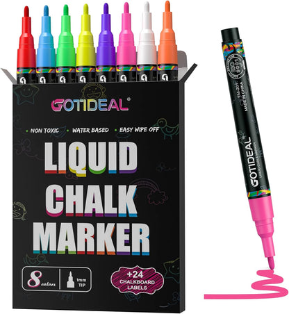 Liquid Chalk Markers, Fine Tip 8 Colors Washable Window Chalkboard Glass Pens, Paint and Drawing for Car, Blackboard, & Bistro,Kids and Adults, Non-Toxic,Wet Erase - Reversible Tip