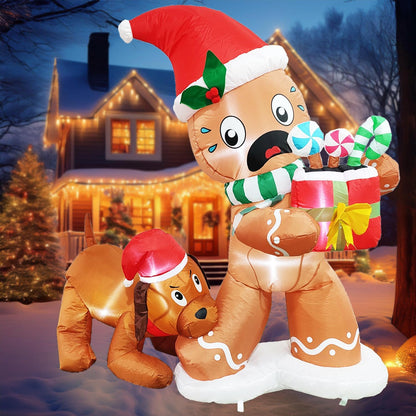 Christmas Decorations 5 FT Inflatable Gingerbread Man Cookie & Dog Is Biting Its Leg Holiday Outdoor/Indoor/House/Yard Decor with LED Lights and Free Storage Bag