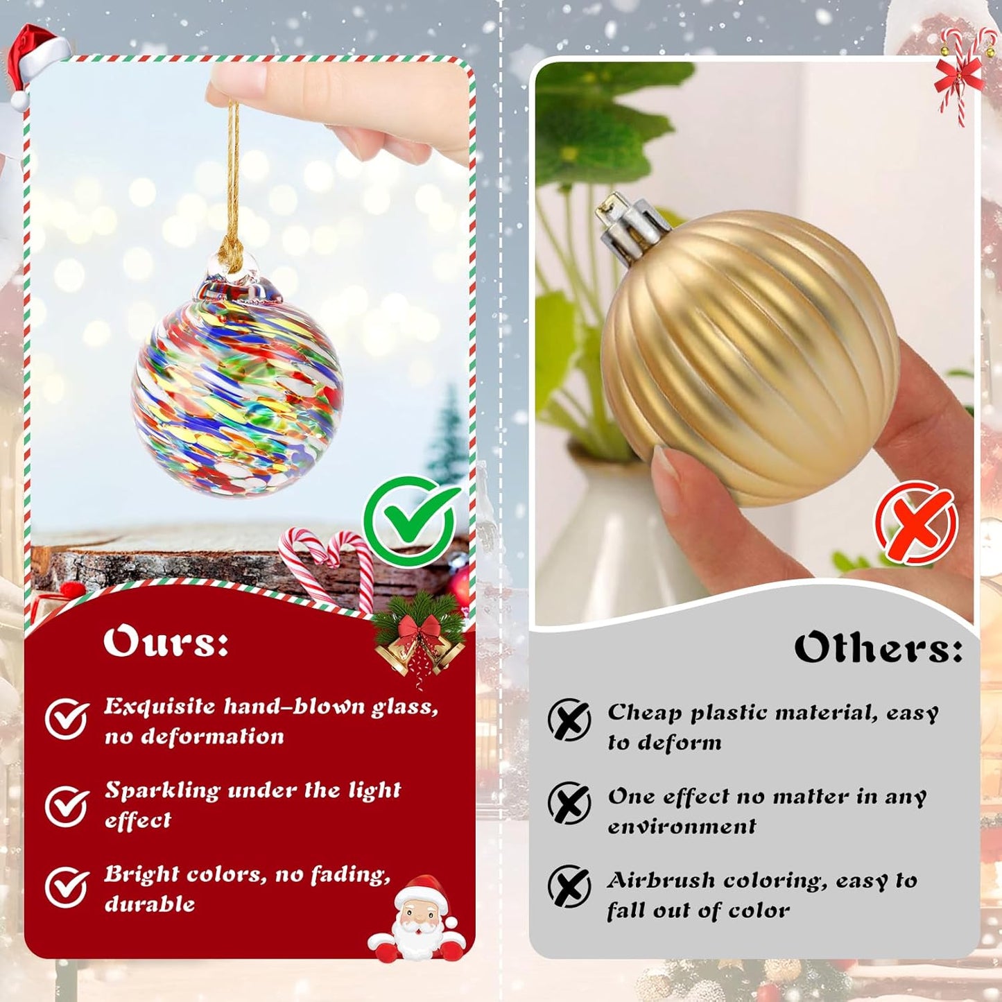 Glass Christmas Ball Ornaments, 6 PCS Hand Blown Glass Ornaments Balls Hanging Friendship Balls Glass Witches Balls Gazing Balls for Home Window Outdoor Garden Patio Décor