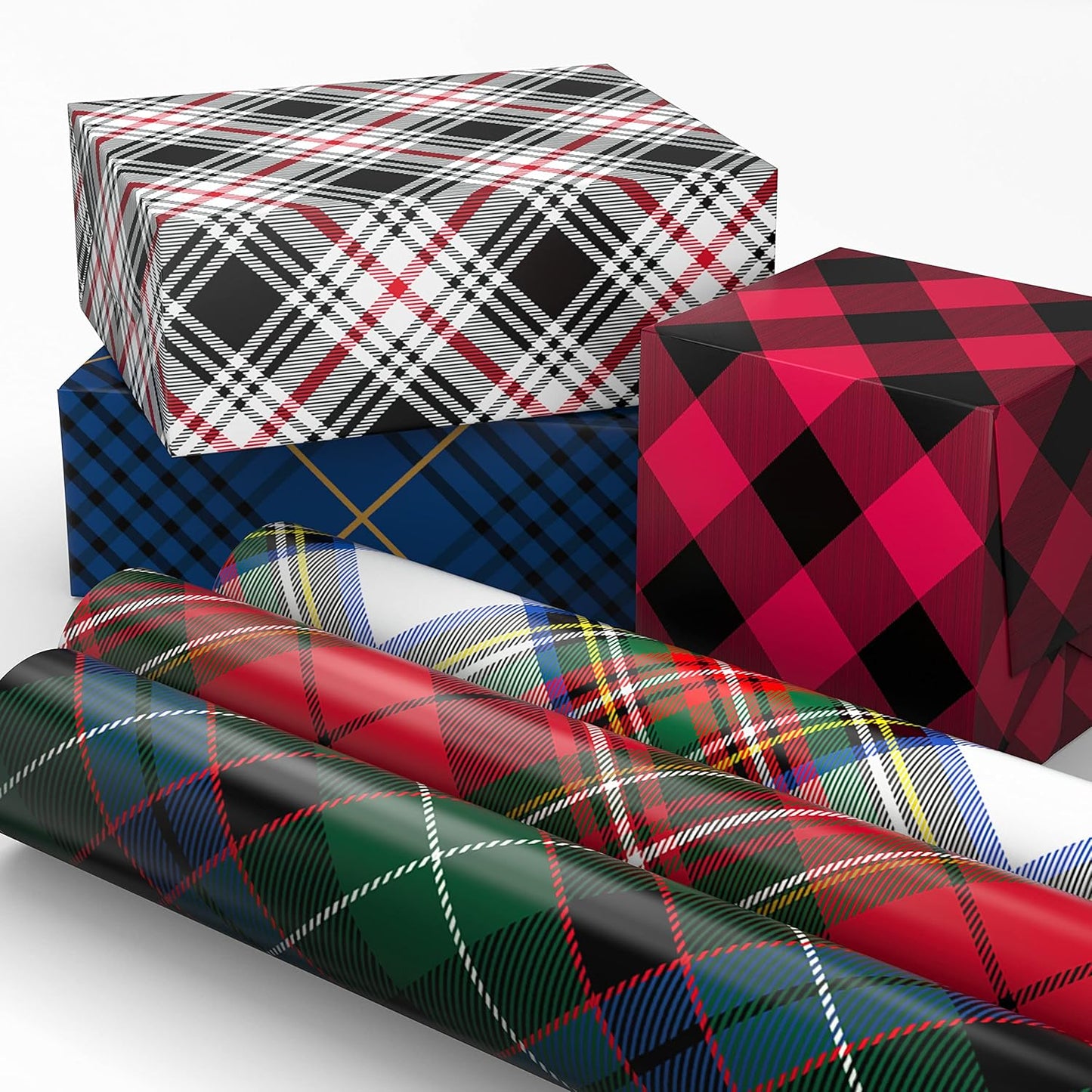 Christmas Wrapping Paper Rolls - Black and Red Buffalo Plaid, Royal Stewart Tartan, Blue, Green (6 Rolls: 180 Sq. Ft. Ttl.) for Holiday Parties, Hanukkah, Winter Weddings