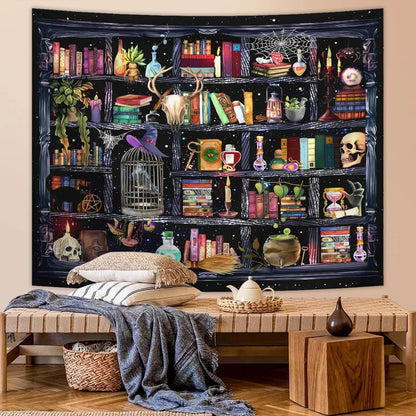 Bookshelf Tapestry Halloween Skull Tapestry Magical Book Tapestries Poster Decor for Room Bedroom Wall Art Decoration College Dorm Decor