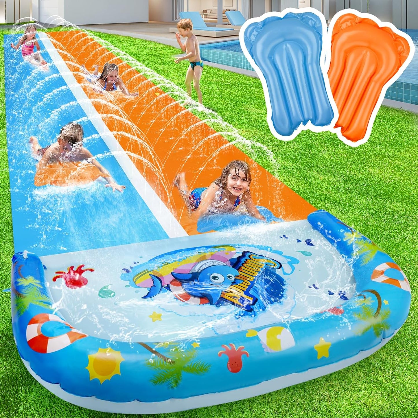 30FT Slip Double Water Slide with 2 Bodyboards, Extra Long Lawn Water Slide Heavy Duty, Giant Outdoor Water Slip Toys with Crash Pad for Backyard Summer Party