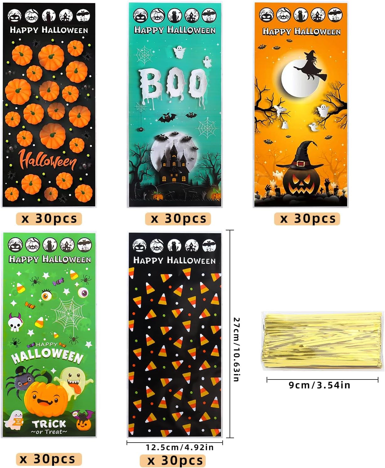 Halloween Cellophane Candy Bags, 150 Pcs Plastic Halloween Trick or Treat Bags Goodies Bags with Twist Ties for Snacks Cookies