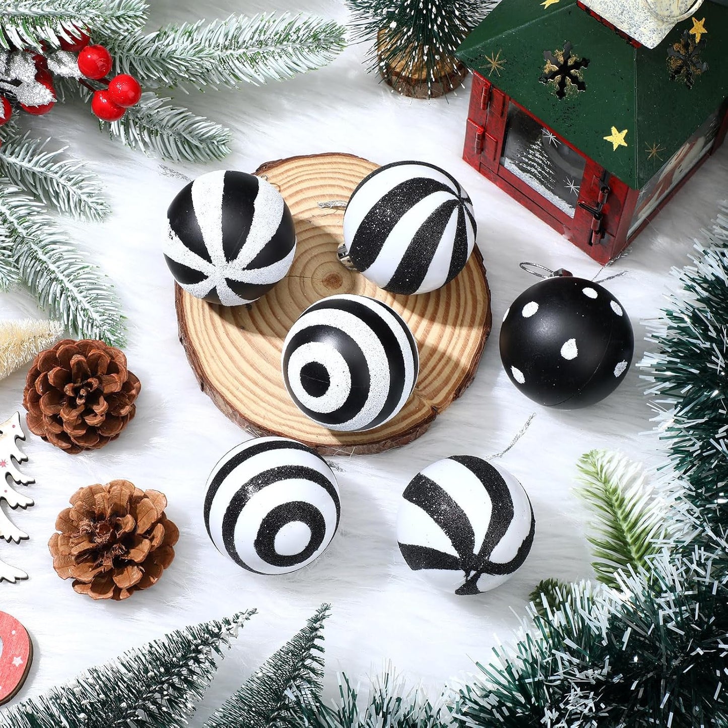 24 Pcs Christmas Black and White Ball 2.36 Inch Stripe Dot Hanging Xmas Ball Plastic Black Christmas Ornaments Christmas Decorations for Home and Holiday Party Christmas Trees Accessories