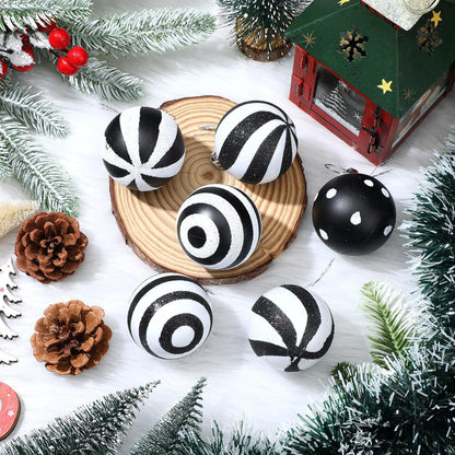 24 Pcs Christmas Black and White Ball Stripe Dot Hanging Xmas Ball Plastic Black Christmas Ornaments Christmas Decorations for Home and Holiday Party Christmas Trees Accessories (3.15 Inch)