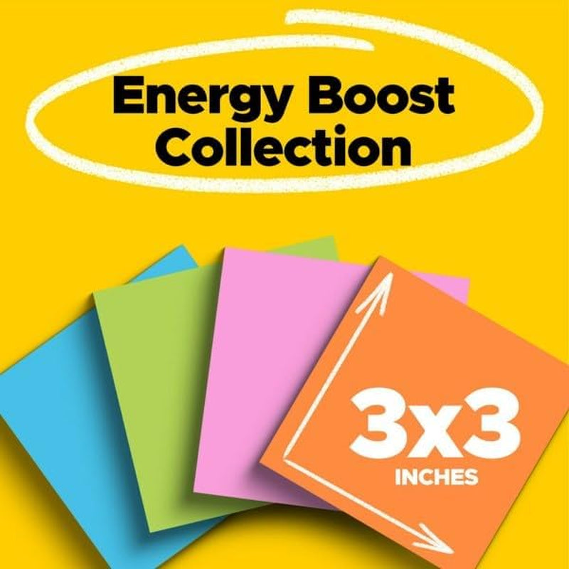 Super Sticky Notes, 3X3 In, 24 Pads, 2X the Sticking Power,Energy Boost Collection, Bright Colors (Orange, Pink, Blue, Green), Recyclable