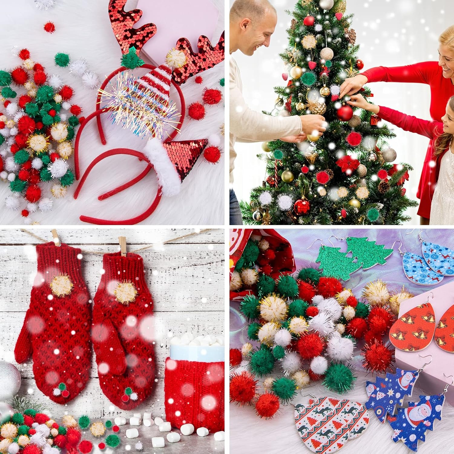 1200 Pieces Christmas Pom Pom Tinsel Pom Pom Balls Glitter Fluffy Pom Pom for Craft Making and Christmas Decorations (4 Sizes, Gold, White, Green, Red)