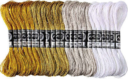 24 Skeins Metallic Embroidery Threads Glitter Embroidery Floss Embroidery Floss-Cross Stitch Thread Gold and Silver Polyester Thread Friendship Bracelets Thread for Embroidery Thread Crafts