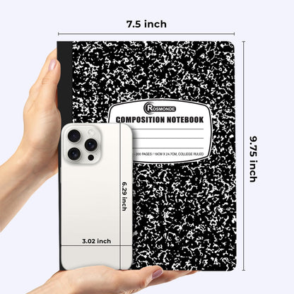 College Ruled Composition Notebooks 5 Pack, 200 Pages (100 Sheets), 9-3/4" X 7-1/2", White & Black Marble Composition Book, Hard Cover, Sturdy Sewn Binding, School, College & Office Supplies