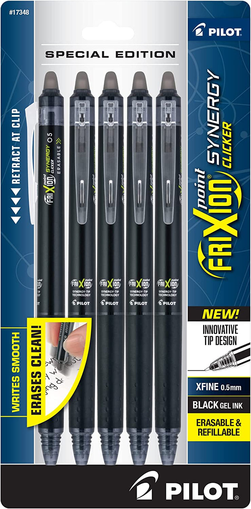 Frixion Synergy Clicker Erasable, Refillable & Retractable Gel Ink Pens, 0.5Mm Extra Fine Point, Black Ink, 5-Pack