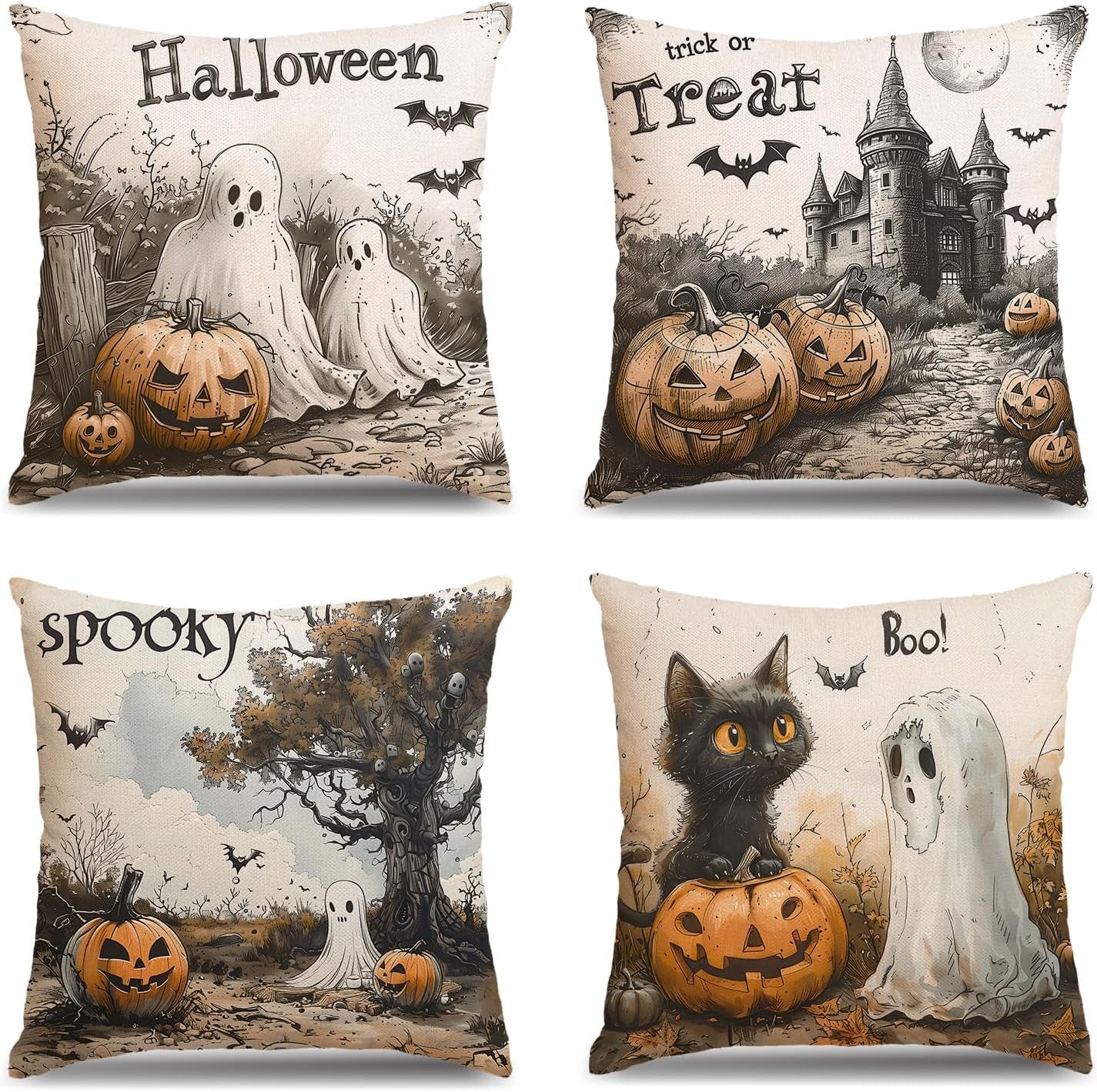 Halloween Pillow Covers 18X18 Set of 4, Boo Throw Pillow Coves Trick or Treat Ghost Evil Pumpkin Home Decor for Pillow Case Happy Halloween Cushion Case for Sofa Couch