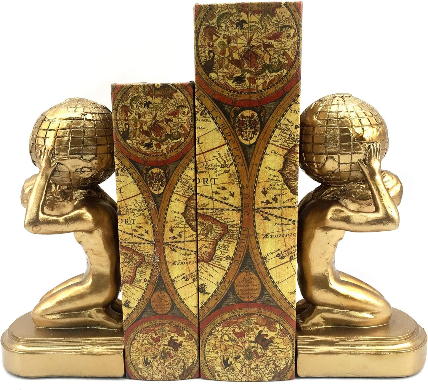 22968 Decorative Bookends Atlas Globe Greek Statues European Art Book Ends Stopper 7 Inch Golden