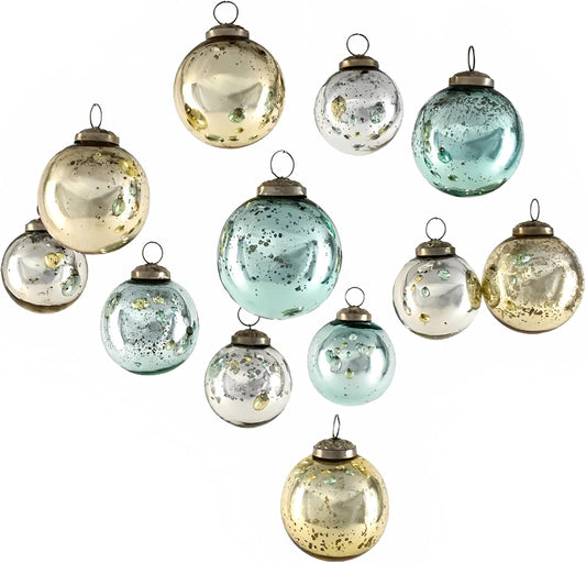 Set of 12 Vintage Gold, Blue & Silver Glass Ball Ornaments, 2.5" Diameter - for Christmas Tree, Holiday Decor