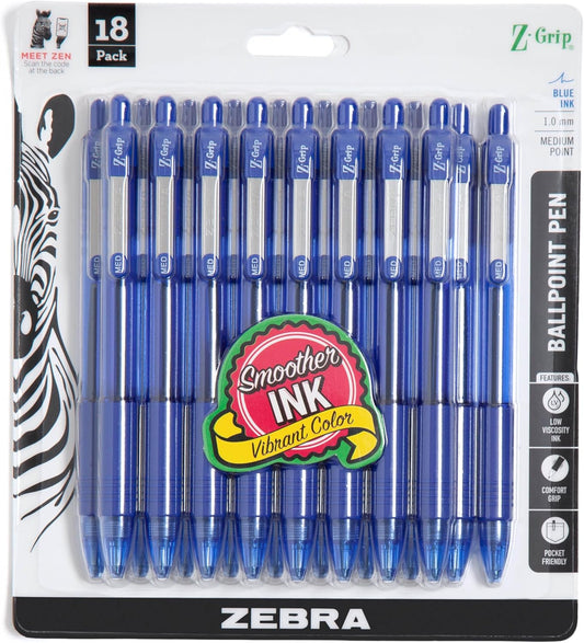 Pen Z-Grip Retractable Ballpoint Pen, Medium Point, Blue Ink, 18-Pack, Model Number: 22258