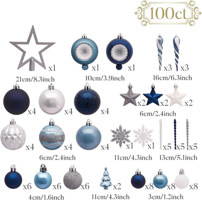 Christmas Ornaments Set, 100Ct Navy Blue and Silver Shatterproof Christmas Tree Decorations Ball Ornaments Bulk, Winter Wonderland Hanging Ornaments for Xmas Trees Holiday Decor