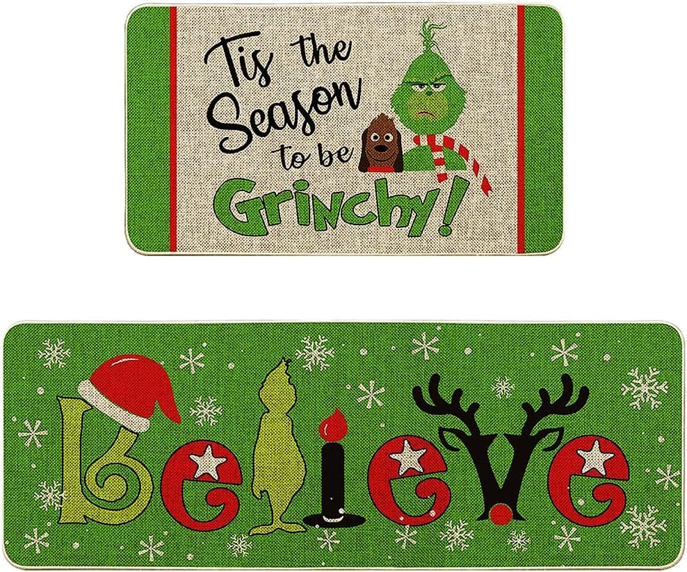 Christmas Kitchen Rugs and Mats Set of 2, Christmas Indoor Floor Mats Non-Slip Kitchen Mat Door Mat Runner Rug for Kitchen Home Christmas Decor 17" X 47"+17" X 29"