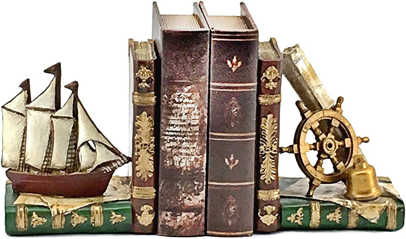 Pirate Ship Bookends Captain Sailboat Crew Sailor Nautical Coastal Home Decor Art Statues Book Ends Shelves Stoppers Holder Nonskid Shelf Heavy Duty Supports Vintage Style