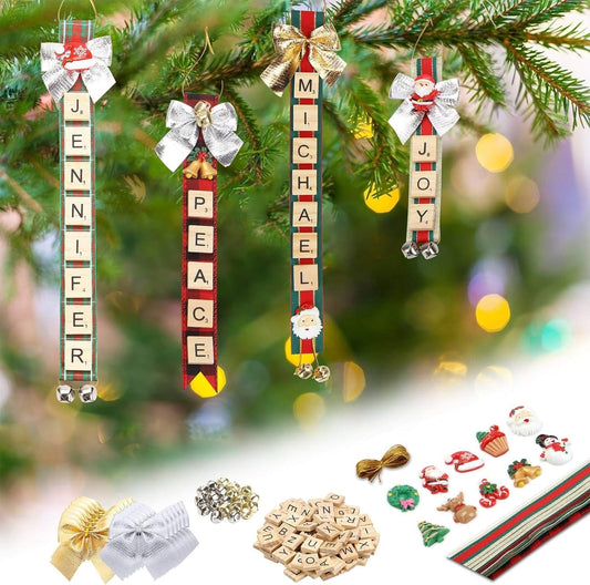 Christmas Ornaments Tree Decorations Personalized Crafts for Girls Adults Kids Kit DIY Ribbon Letter Tiles Bells Rustic Stockings Name Tags Hanging Xmas Decor for Gifts Wreath Room Holiday