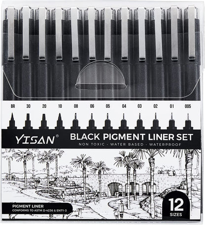 Black Drawing Pens,12 Art Pens Set,Fineliner Ink Pens,Micro-Pens,Manga Markers,For Sketching,Technical Drawing 902195