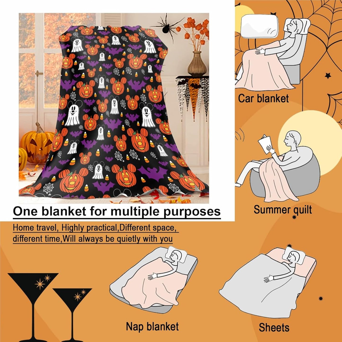 Halloween Throw Blankets, Halloween Jack-O-Lantern Pumpkins Ghost Bat Cartoon Mouse Flannel Blanket Gifts, Soft Cozy Halloween Decorative Bed Throw Blankets 60X50 Inch