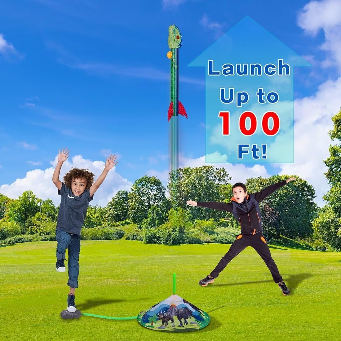 Dinosaur Rocket Launcher for Kids - Launch up to 100 Ft, 8 Rockets and 2 Pads for Multi-Player, Dinosaur Toys, Birthday Gift Ideas, Toys for 3 4 5 6 7 Year Old Boys, Outdoor outside Toys