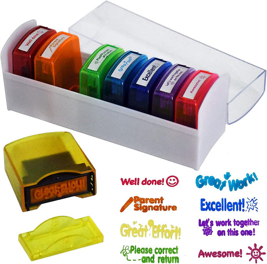 Teacher Stamps for Grading Classroom，Parent Signature Self-Inking Teacher Stamp Set School Supplies for Homework Reward for Elementary, 8 Pcs(Rainbow)