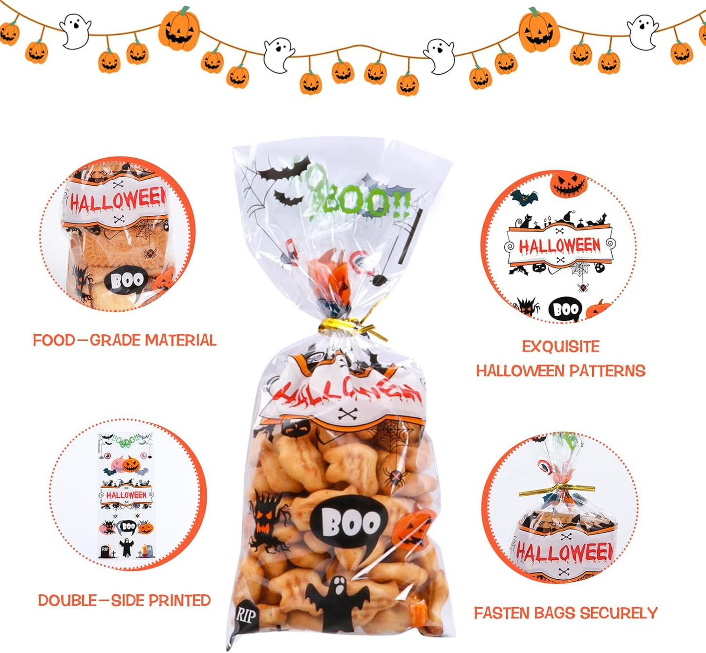 Halloween Cellophane Treat Bags, 180Pcs Halloween Trick or Treat Goodie Gags with 200Pcs Gold Twists for Snacks Cookies Candies Packing, Red Eye Halloween Candy Bags Party Favor Supplies