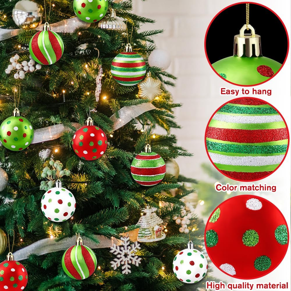 6Pcs Large Christmas Balls Ornament 3.94 Inch Polka Dot Hanging Xmas Balls for Tree Decoration Red Green and White Glittering Plastic Christmas Baubles for Home Indoor Holiday Party Decor