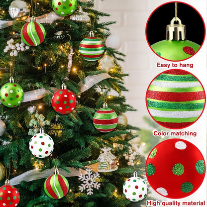 18Pcs Christmas Balls Ornament 2.4 Inch Glittering Hanging Xmas Balls for Tree Decoration Swirl Candy Cane Elf Balls Red Green Plastic Christmas Baubles for Home Indoor Holiday Party Decor