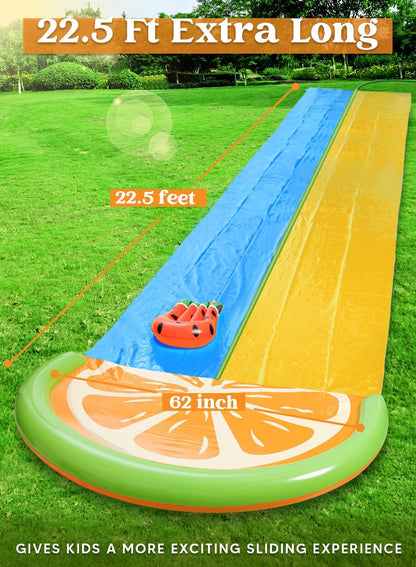 22.5Ft Double Water Slides with 2 Body Boards Backyard Outdoor Slip Lawn Waterslide 2 Sliding Racing Lanes with Sprinklers Summer Water Toy, Orange