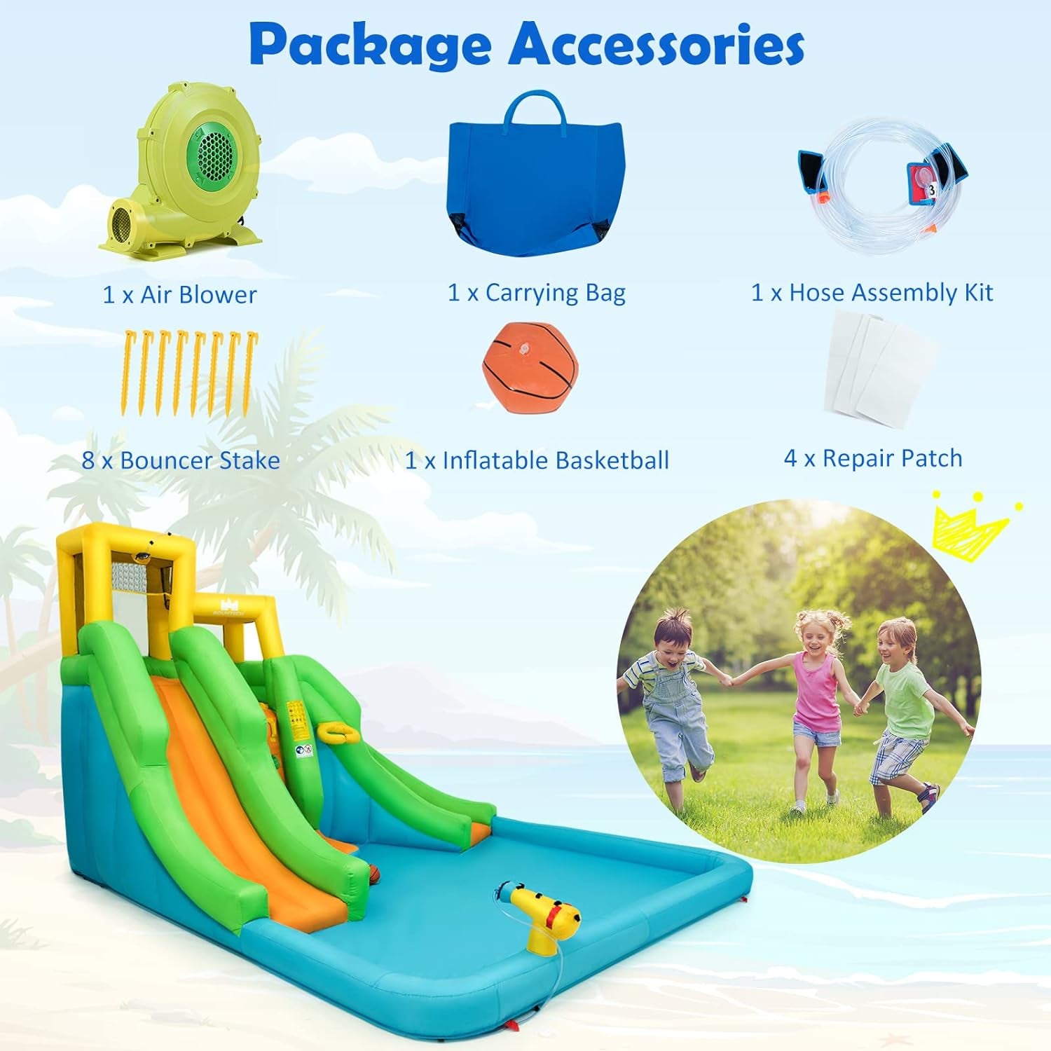 Inflatable Water Slide, 6 in 1 Kids Bouncer Water Park W/Climbing Wall & 2 Long Slides, Splash Pool, Water Cannons, Indoor Outdoor Blow up Water Slides for Backyard(With 480W Blower)
