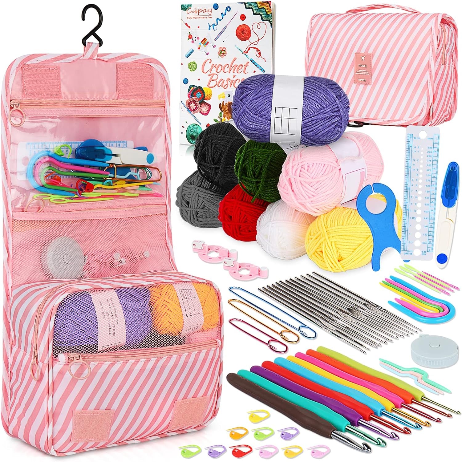 Crochet Kit Beginners Crochet Hook Set with Crochet Yarn,58Pcs Portable Crochet Set Ergonomic Crochet Hooks Travel Knitting Crochet Supplies